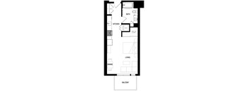 A floor plan of S2 at Ovelo Hollywood with a living room, dining room, kitchen, and bathroom.