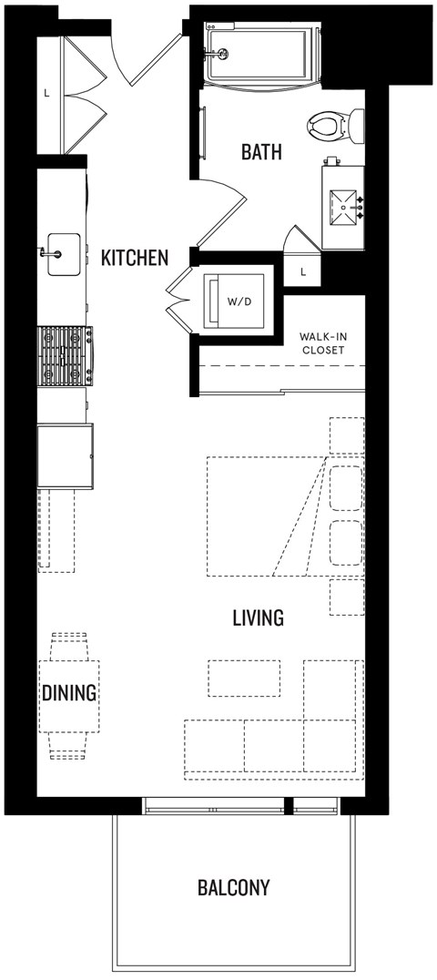 A floor plan of S2 at Ovelo Hollywood with a living room, dining room, kitchen, and bathroom.