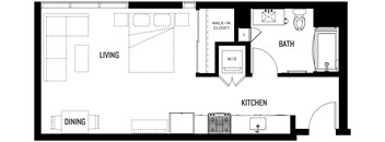 A black and white floor plan of a house with a living room, dining room, kitchen, bathroom, and walk-in closet.