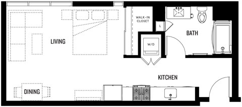 A black and white floor plan of a house with a living room, dining room, kitchen, bathroom, and walk-in closet.