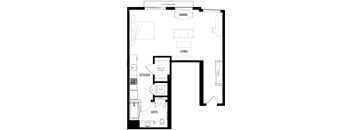 A floor plan of a house layout with a kitchen, living room, and bathroom.