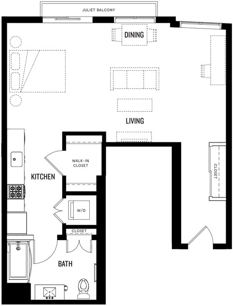 A floor plan of a house layout with a kitchen, living room, and bathroom.