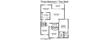 A diagram of a three bedroom two bath house plan.