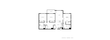 A floor plan of a three bedroom apartment with a living room, two bathrooms, a kitchen, and two closets.