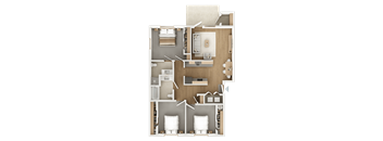 A detailed 3D floor plan of a house showing the layout of the rooms.