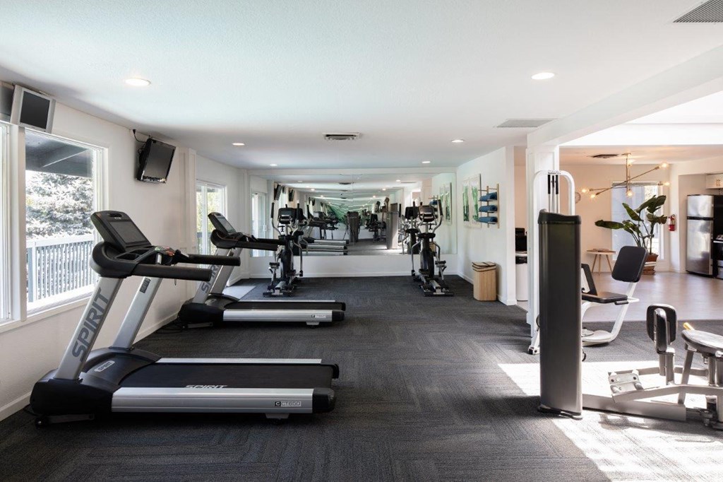 a gym with treadmills and other exercise equipment