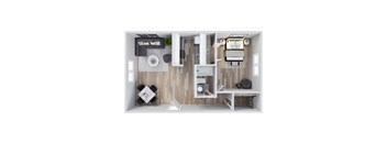A top-down view of a small, modern apartment with a kitchen, living room, and bedroom.