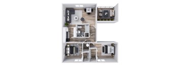 A top-down view of a modern apartment layout with a living room, kitchen, dining area, and bedrooms.