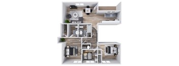 A top-down view of a modern apartment layout with a living room, kitchen, and bedrooms.