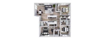 A top-down view of a modern apartment layout with a kitchen, living room, and bedrooms.