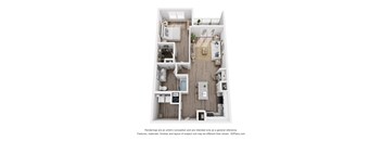 A 3D floor plan of Oyster layout with a kitchen, living room, and bathroom.