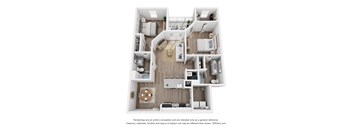 A 3D floor plan of a house with a kitchen, living room, and bedrooms.