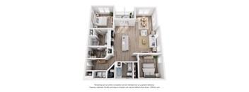A 3D floor plan of a house with a kitchen, living room, and bathrooms.