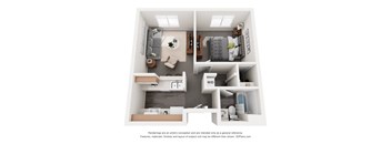 A 3D floor plan of a small apartment with a kitchen, living room, and bathroom.