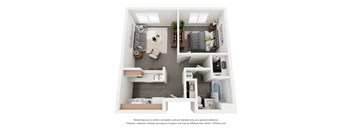 A 3D floor plan of a small apartment with a living room, kitchen, and bedroom.