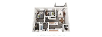 A 3D floor plan of a house with a kitchen, living room, and bathroom.