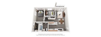 A 3D floor plan of a small apartment with a kitchen, living room, and bathroom.