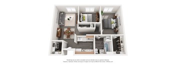 A 3D floor plan of a small apartment with a kitchen, living room, and bedrooms.