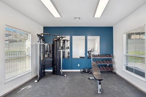 A home gym with a variety of equipment including a treadmill, weights, and a bench.