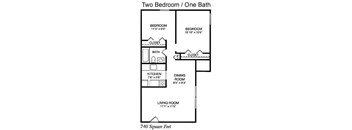 A floor plan for a two bedroom apartment with one bathroom.
