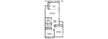 A floor plan of a two bedroom, one bathroom, den apartment.