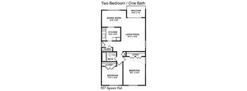 A floor plan of a two bedroom apartment with one bath.