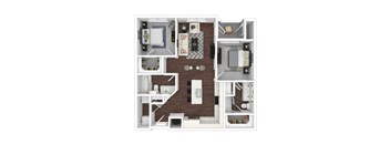 A floor plan of a small apartment with a kitchen, living room, and two bedrooms.