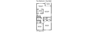 A floor plan of a two bedroom, two bath apartment.