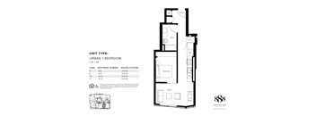A floor plan for an urban 1 bedroom apartment type U1B-10B with details of the rooms and their square footage.