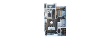 A top down view of a small apartment with a kitchen, living room, and bathroom.