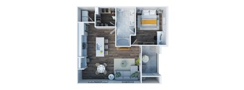 A top down view of a small apartment with a kitchen, living room, and bathroom.