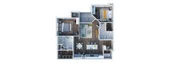A modern house layout with a kitchen, living room, and bedrooms.