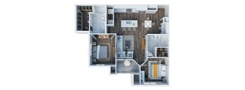 A top down view of a small apartment with a kitchen, living room, and bathroom.