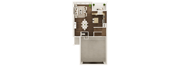 A top-down view of a house layout with a kitchen, living room, and bathroom.