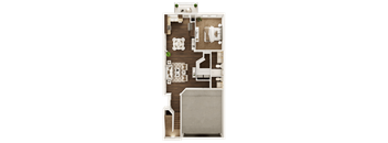 A floor plan of a house with a kitchen, living room, and two bedrooms.