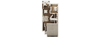 A floor plan of a house with a kitchen, living room, and two bedrooms.