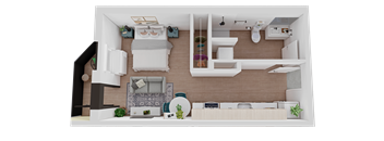 a floor plan of a studio apartment with a bedroom and living room
