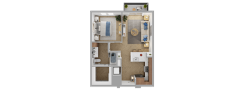 a 3d rendering of a 1 bedroom floor plan with a bathroom and a kitchen