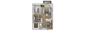 a 3d rendering of a furnished apartment with a bedroom and a living room