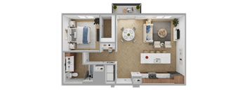 a rendering of a 1 bedroom floor plan with a bathroom and a living room
