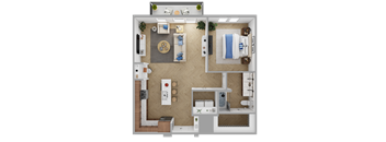 a stylized floor plan of a hotel room with a bedroom and a bathroom