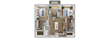 a 3d rendering of a bedroom and bathroom floor plan