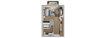 a rendering of a 1 bedroom floor plan with a bathroom and a living room