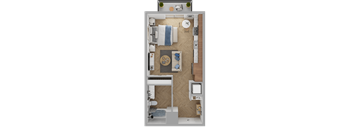 a floor plan of a bedroom with a bathroom and a living room