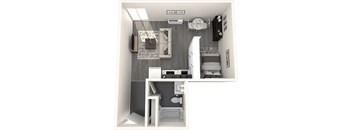 a bedroom with a bed and a chair in a small room