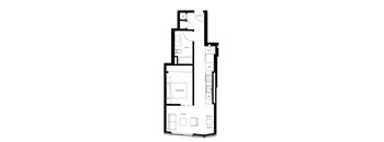 A floor plan of an urban 1-bedroom apartment with a living room, bathroom, and kitchen.