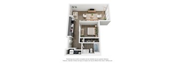 A 3D floor plan of a small apartment with a kitchen, living room, and bathroom.