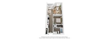 A 3D floor plan of a small apartment with a kitchen, living room, and bathroom.