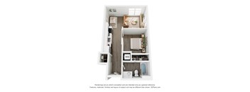 A 3D image of a small apartment with a kitchen, living room, and bathroom.