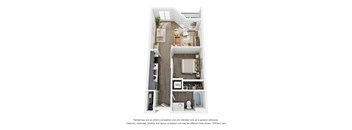 A 3D floor plan of a small apartment with a kitchen, living room, and bathroom.